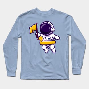 Astronaut Bring Flag And Floating With Duck Tires Cartoon Long Sleeve T-Shirt